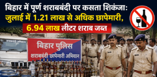 बिहार में पूर्ण शराबबंदी पर कसता शिकंजा: जुलाई में 1.21 लाख से अधिक छापेमारी, 6.94 लाख लीटर शराब जब्त